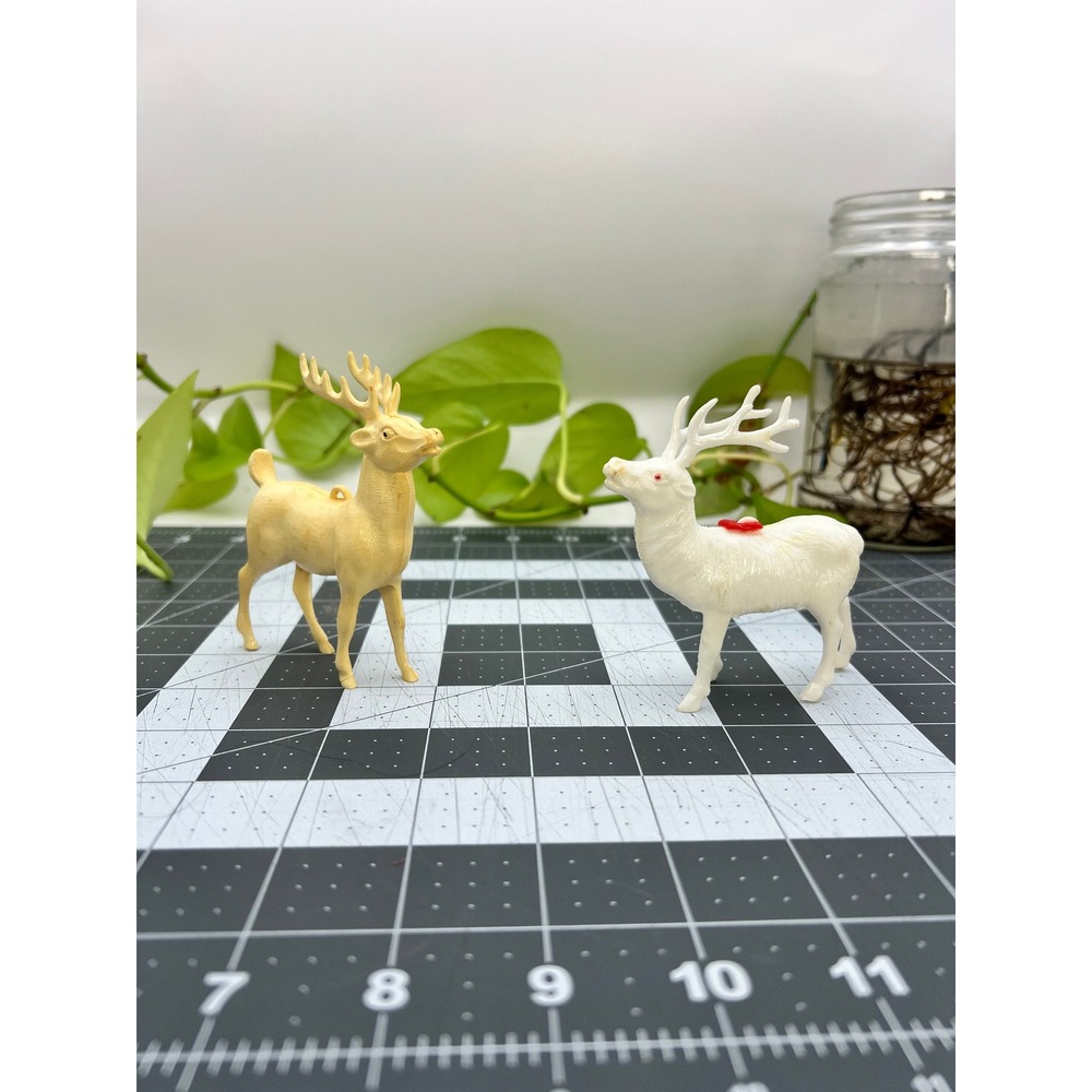 Vintage Celluloid Reindeer Ornaments Set of 2 White Cream Christmas Figurines